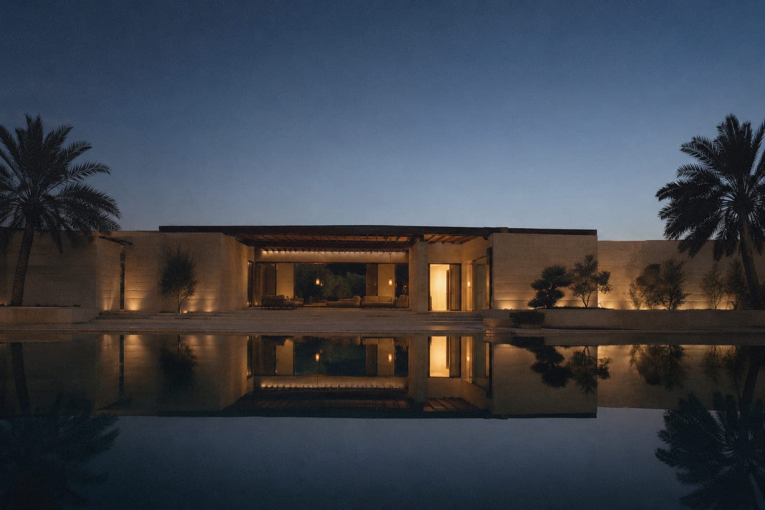 A low-slung resort pavilion glowing at blue hour, its lit terraces reflected in a long pool