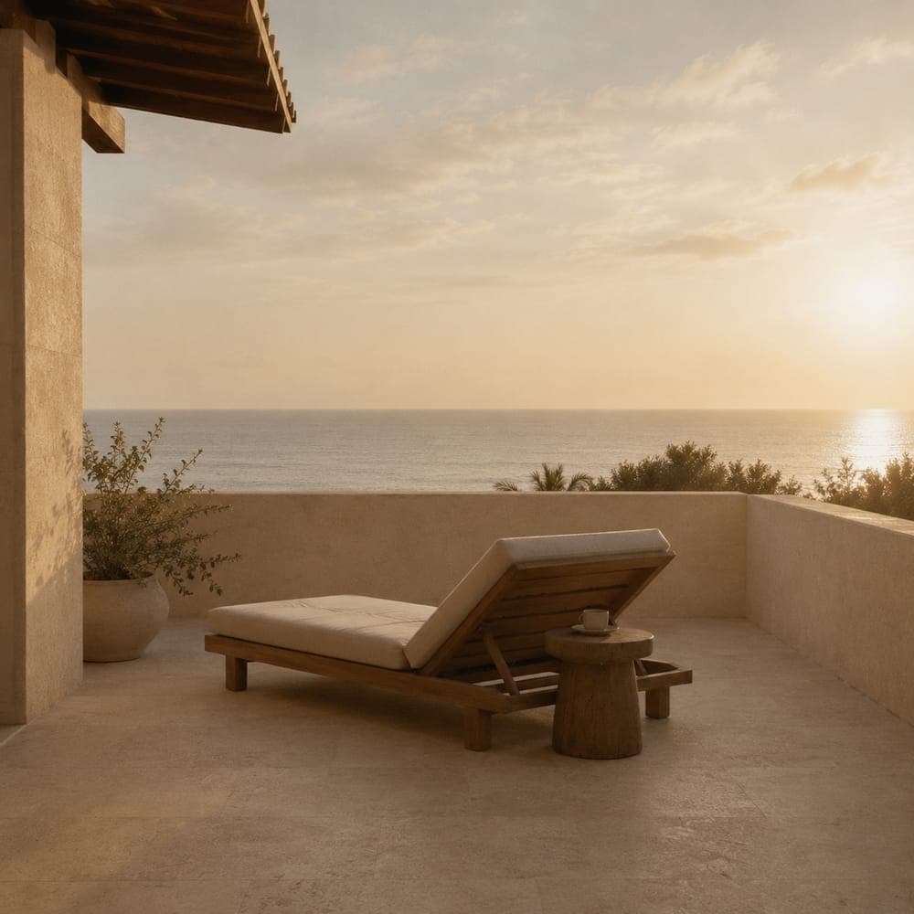 A single timber lounger and a small stone table set for one on a private terrace above the sea at sunset