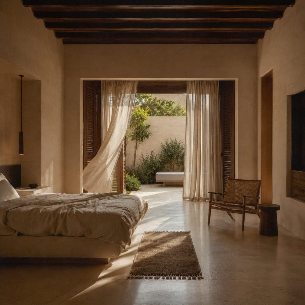 A warm, timber-lined hotel room with a low bed opening onto a private planted courtyard
